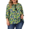 thumbnail image 1 of GRACE & GRANDEUR Blouse Colorée à Fleurs pour Femme Grande Taille, Col à Nouer, Manches 3/4, Jaune 1X, 1 of 5