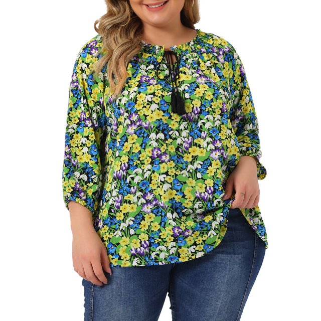 GRACE & GRANDEUR Blouse Colorée à Fleurs pour Femme Grande Taille, Col à Nouer, Manches 3/4, Jaune 1X