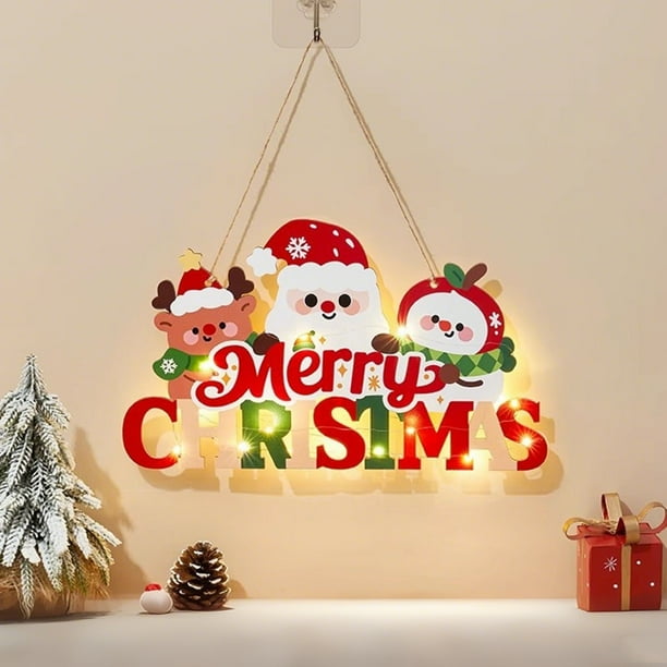 Decoración navideña LED para colgar en la pared | Cuadro de Papá Noel de madera con luces navideñas | Decoración navideña para interiores con pilas