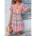 thumbnail image 4 of Women'S V Neck Patchwork Dress Bohemian Print Mini Skirt Summer Casual Beach Chic Orange M, 4 of 7