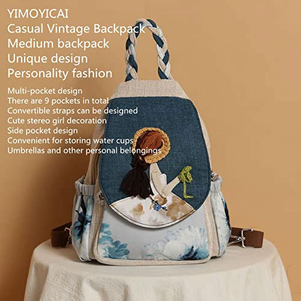 YIMOYICAI Backpack Purse for Women Girl's Convertible Sling Bag Boho Hippie Embroidered Woven Canvas with Woven Cotton Perfect Small Sling Bag Holding Happiness