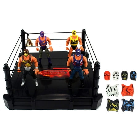 International Wrestling Toy Figure Play Set w/ Ring, 4 Toy Figures, 8 Interchangeable Mask/Vest Combos (