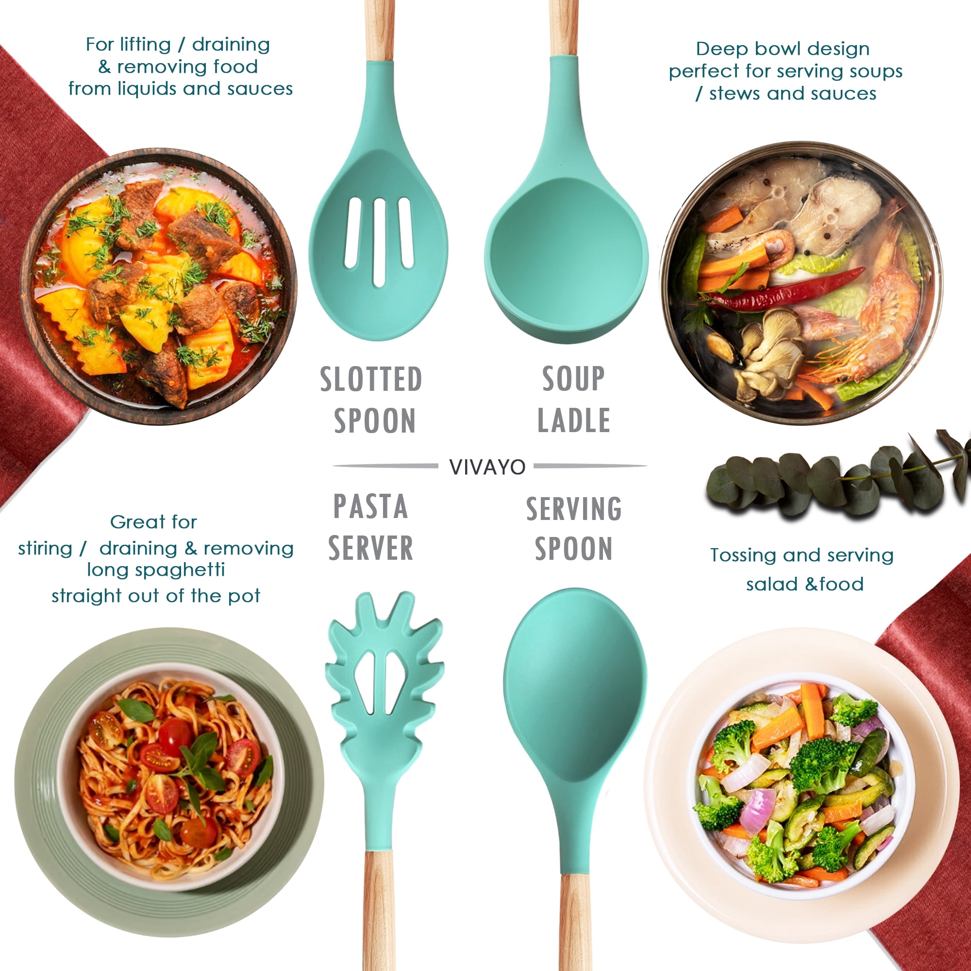 VIVAYO Kitchen Utensils Set, 32 Pcs Non-Stick Silicone Cooking Utensil Spatula Set with Holder, Wooden Handle Silicon Kitchen Set with Ladle Whisk, Tongs, Measuring Cups, Spoons,Green