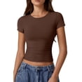 thumbnail image 1 of Top corto QINSEN para mujer, cuello redondo, manga corta, color moca, talla XS, 1 of 6