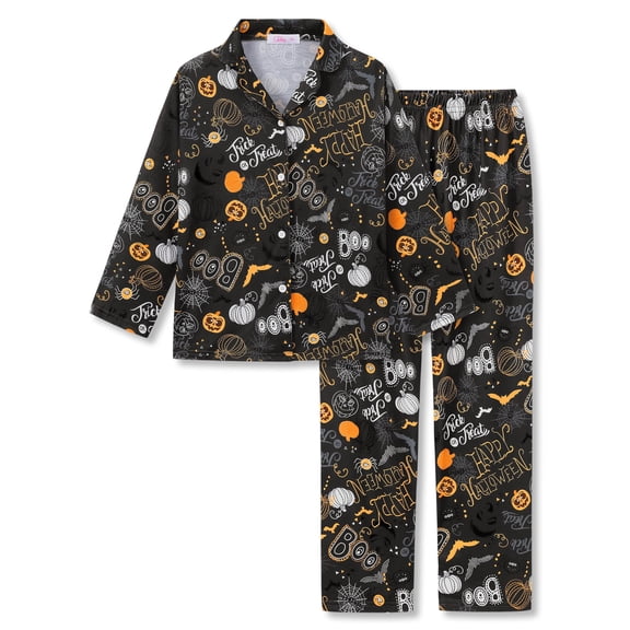 Beezizac Boys 2-Piece Pajamas - Grey Pumpkins Spiders Webs Print Long Sleeve Notch Collar Button Soft PJs Size 10