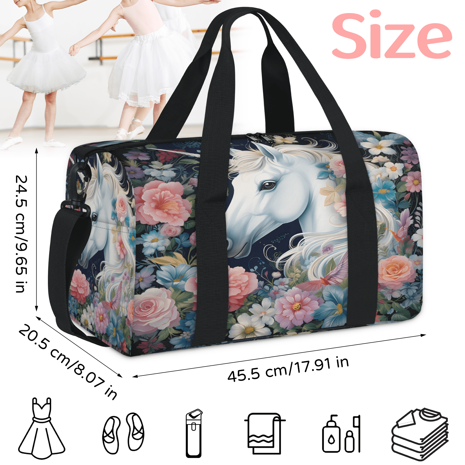 Herdesigns Unicorn Gym Bag for Women, Duffle Bag for Travel Sport, Funny Unicorn Lightweight Waterproof Carry on Weekender Dance Yoga Workout Bags