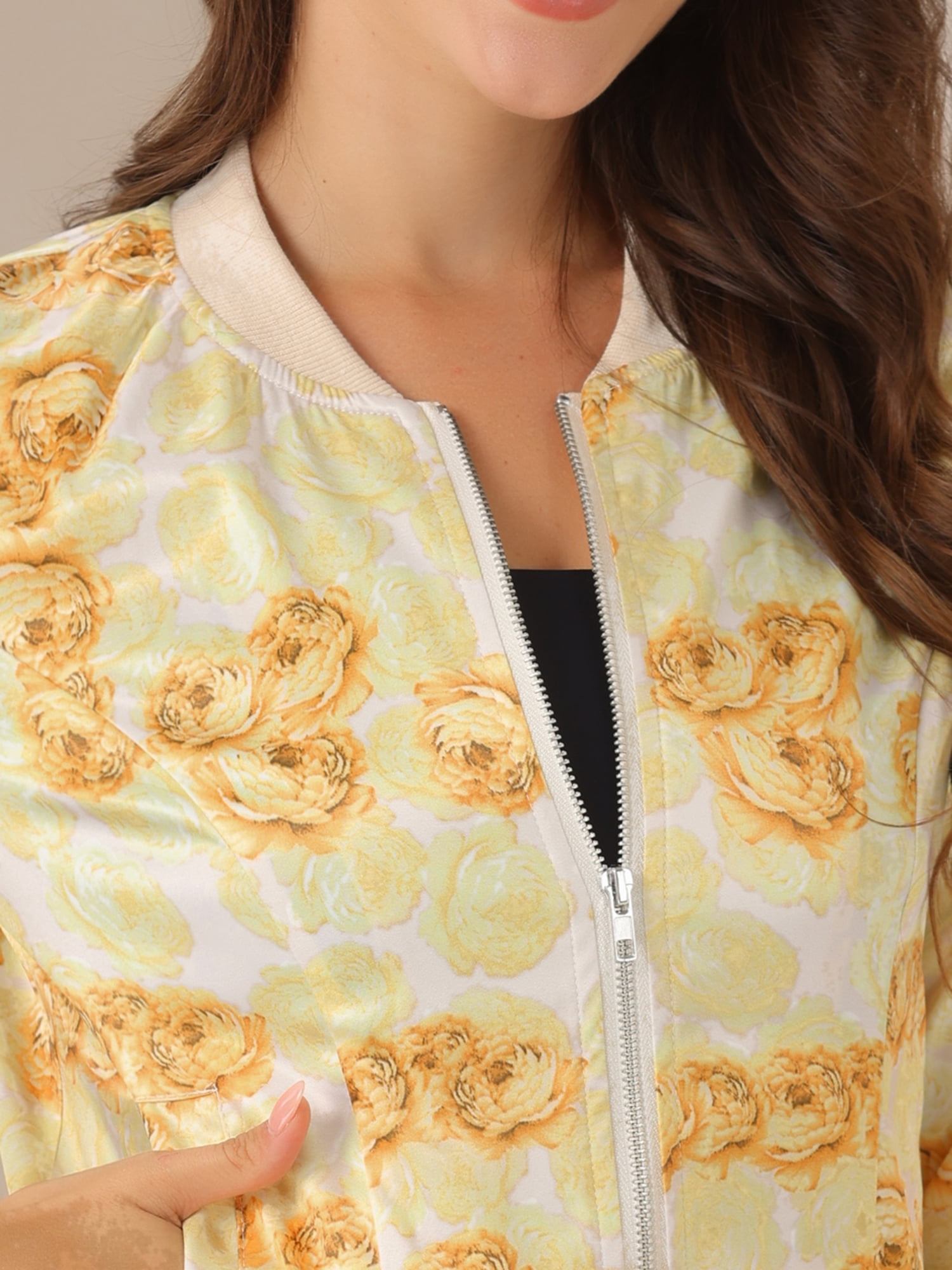 DARING DIVA Women's Stand Collar Front Zipper Satin Bomber Jacket XL Yellow