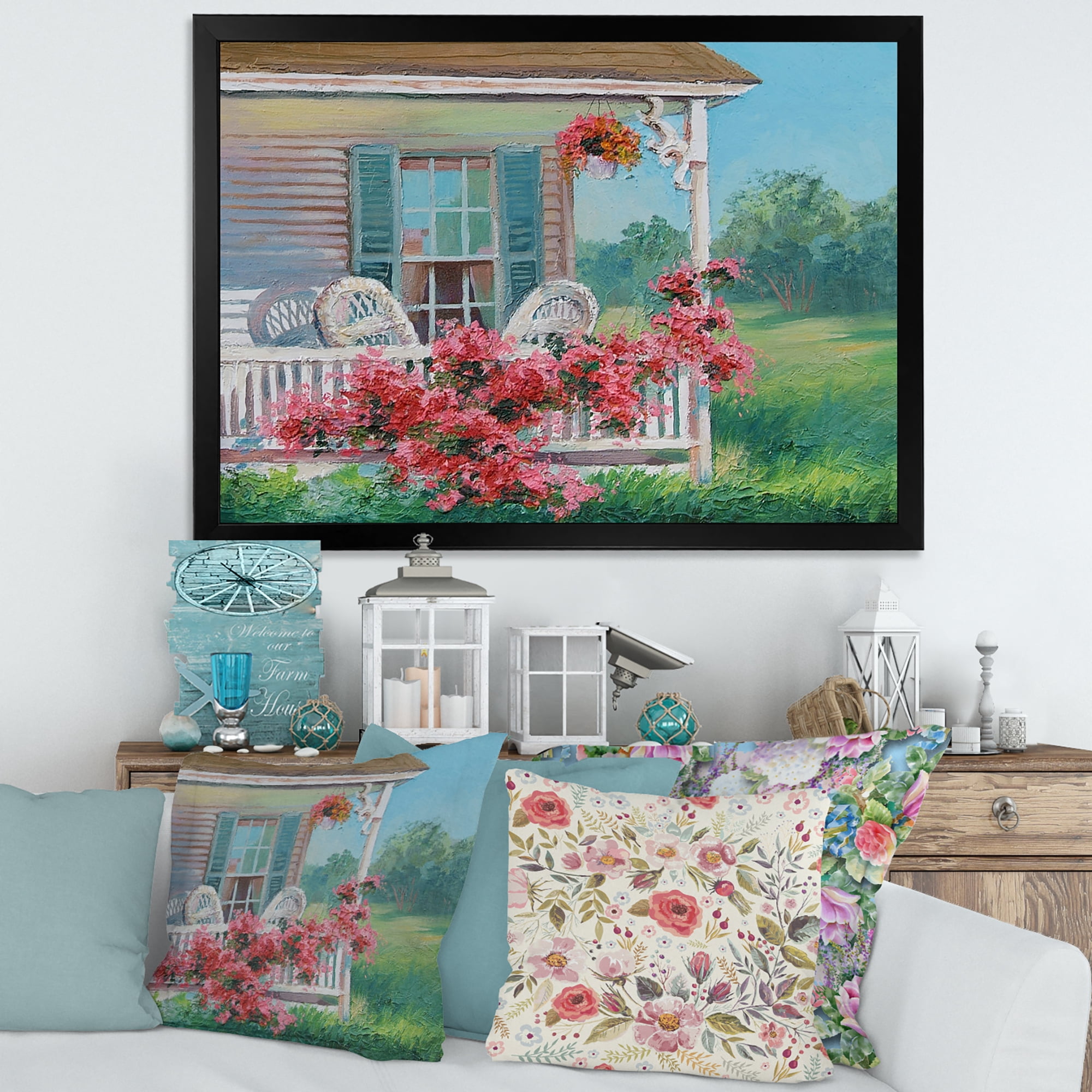 Designart 'Patio & Blossiming Red Flowers With Wooden House' Traditional Framed Art Print