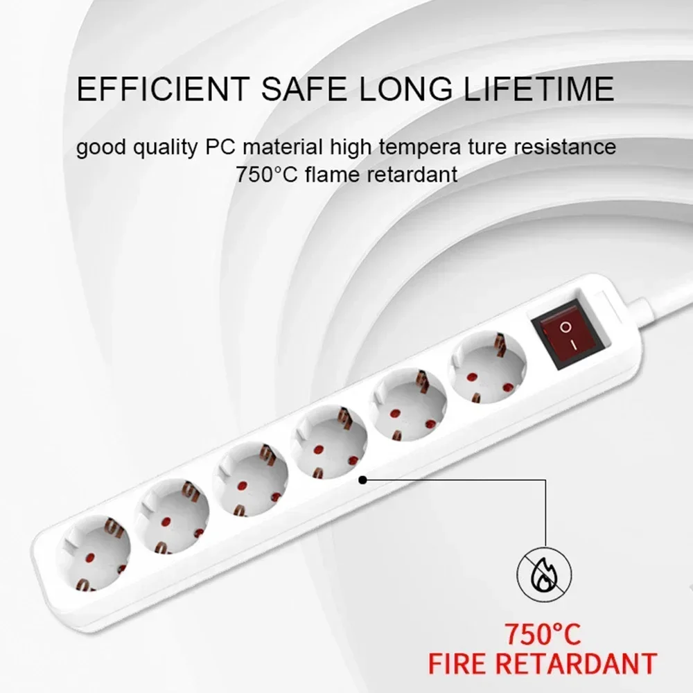 Melery Power Strip Surge Protector 3/4/5/6 AC EU Electrical Plug Outlet Socket Lead Extension Adapter Extenstion Cord Cable 1.5m