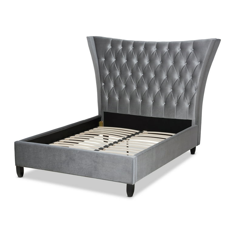 Baxton Studio Viola Glam and Luxe Grey Velvet Fabric Upholstered and Button Tufted King Size Platform Bed with Tall Wingback Headboard Baxton Studio Viola Glam and Luxe Grey Velvet Fabric Upholstered and Button Tufted King Size Platform Bed with Tall Wingback Headboard