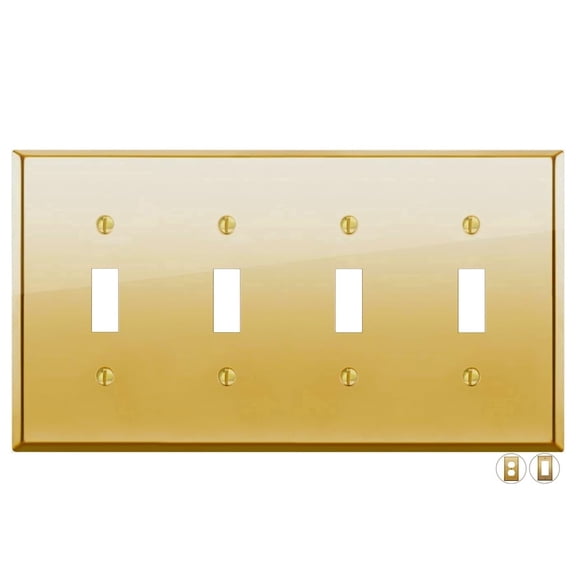 Rio Salto BRASS Signature Collection Midsize Polished Gold Quadruple Toggle Light Switch Cover Metal Wall Plate Quad Togle Wallplate Covers 4-Gang Polished Gold Toggle 1-Pack