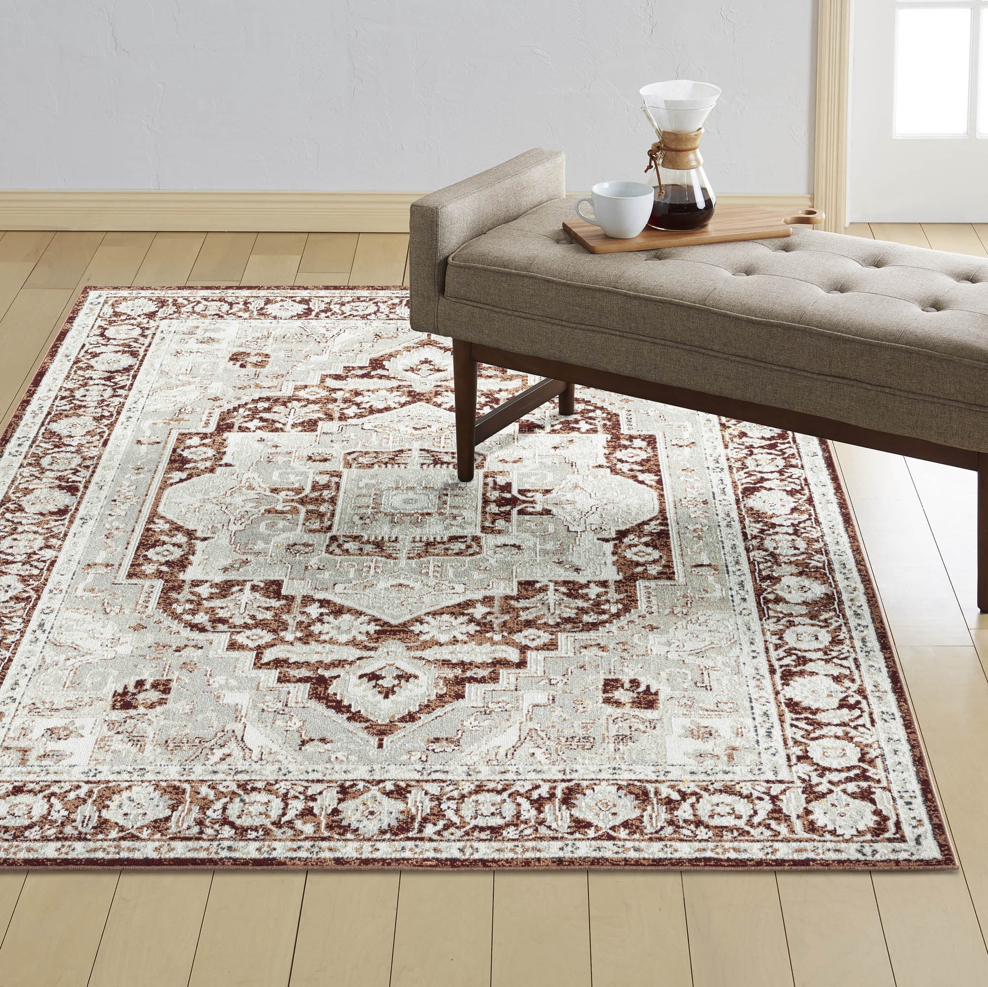 Everwash Treasure Rubia Traditional Medallion Machine Washable Indoor Area Rug, Ivory/Red, 5'2"x7'2"