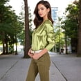 thumbnail image 3 of Women's Satin Button-Up Shirt with Collar and Flared Cuffs - Small, Green, 3 of 7