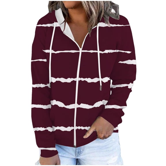 Admvng Women's Striped Hoodie Jacket Front Pockets Long Sleeve Zip Up Casual Hooded Sweatshirt with Drawstring