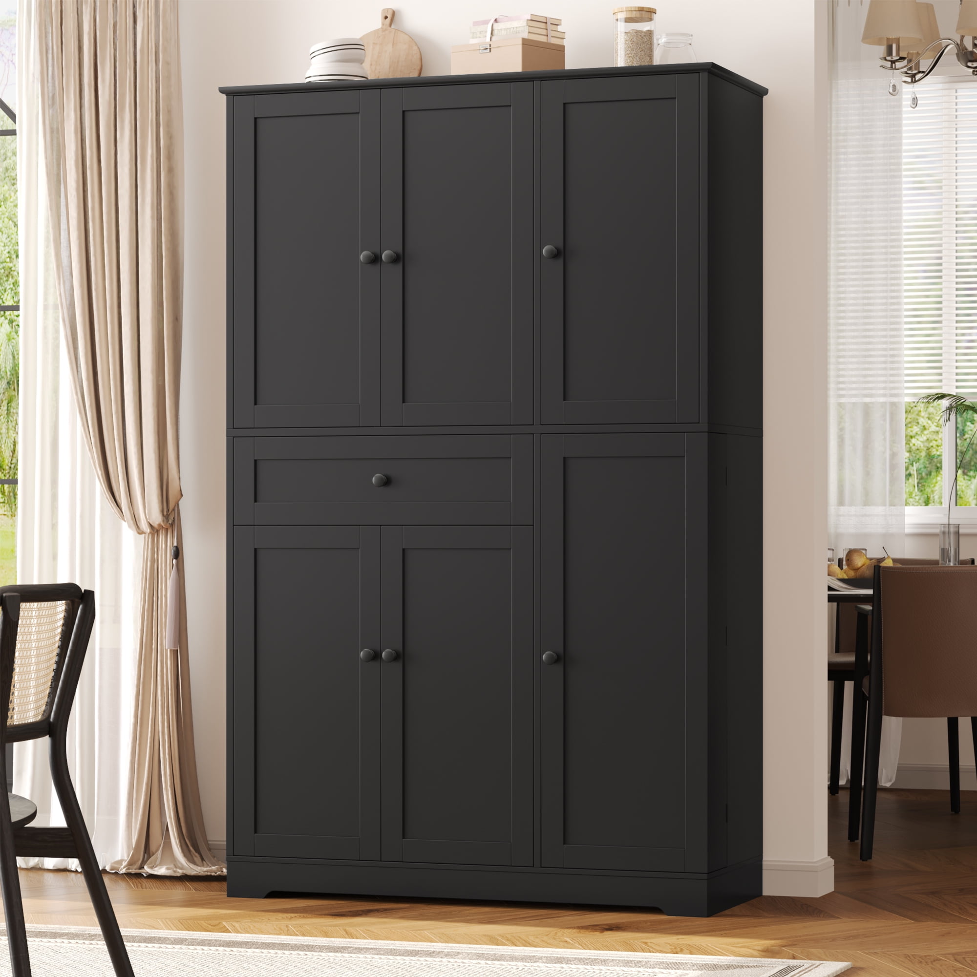Homfa Kitchen Pantry Storage Cabinet, 68" Food Pantry Cabinet with Drawer and Door Shelf, 6 Door Freestanding Cupboard Buffet for Dining Room, Black