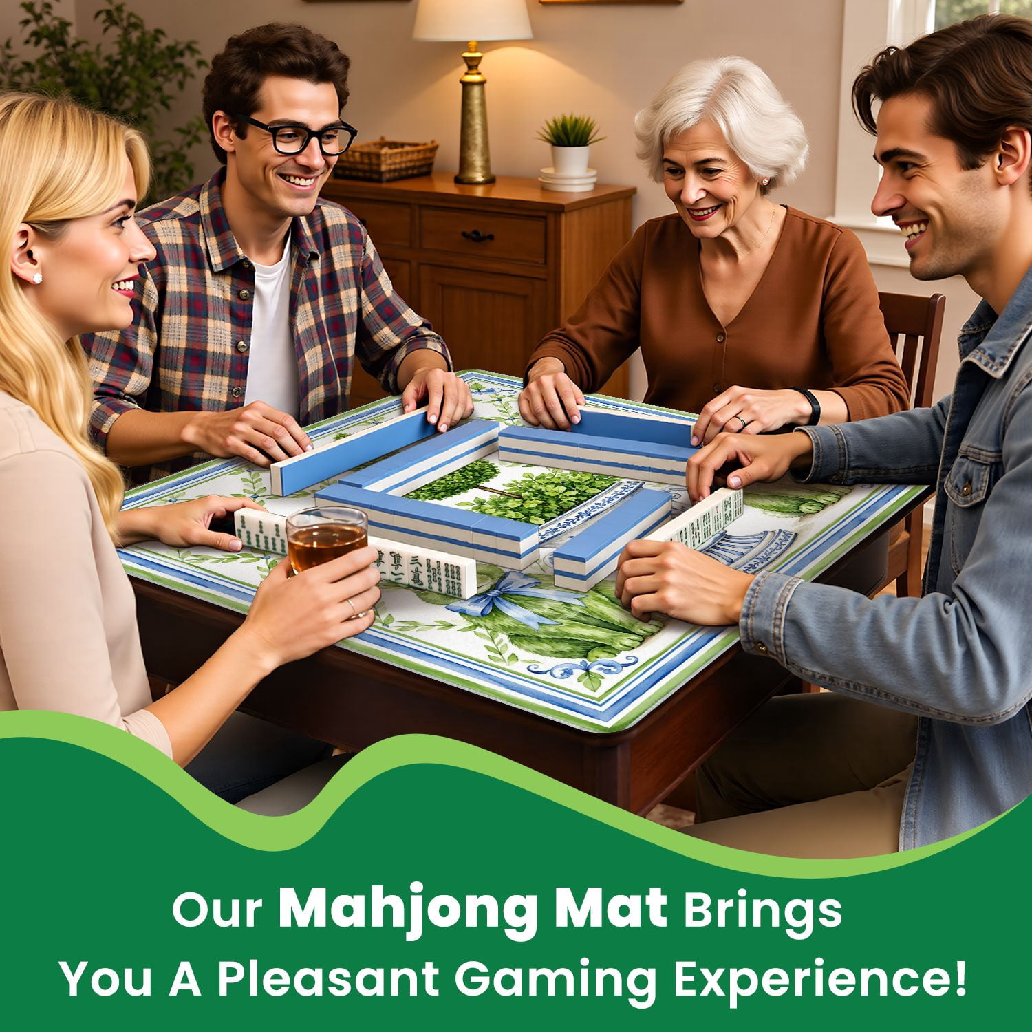 Mahjong Mat 31.5" x 31.5" Watercolor Green Bunny Topiary Garden Blue Bows Classic Urn Leaf Non-Slip Noise Reduction Chic Portable Gaming Table Cover for Family Game Night & Gift