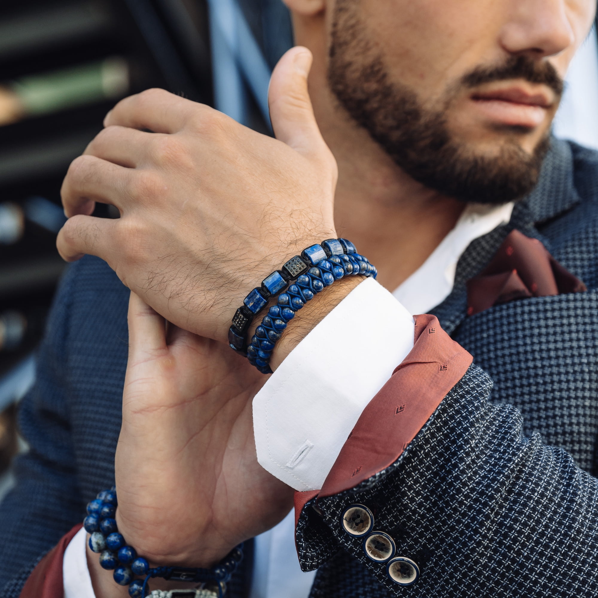 Men's LAPIS LAZULI Double Bead Bracelet | Gift for Men | One Size Fits All | 100% Natural | Gemstone Adjustable Bracelet