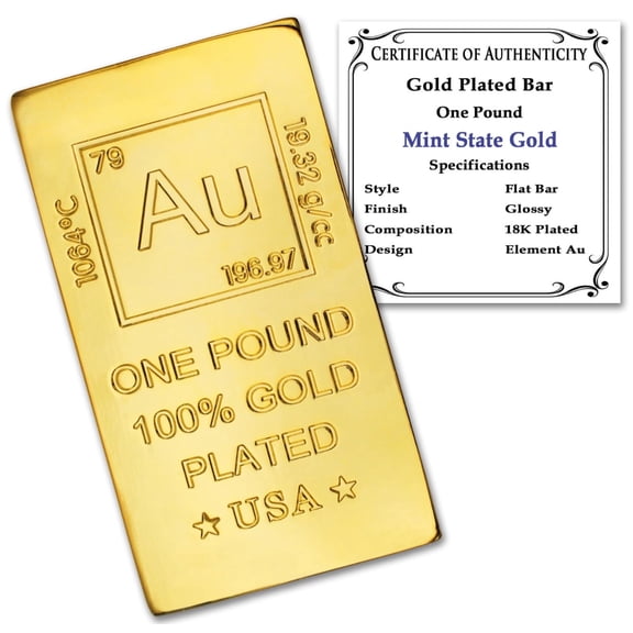1 lb Gold Plated Bar (Flat Style) 18K Paperweight - Element Design with Certificate of Authenticity