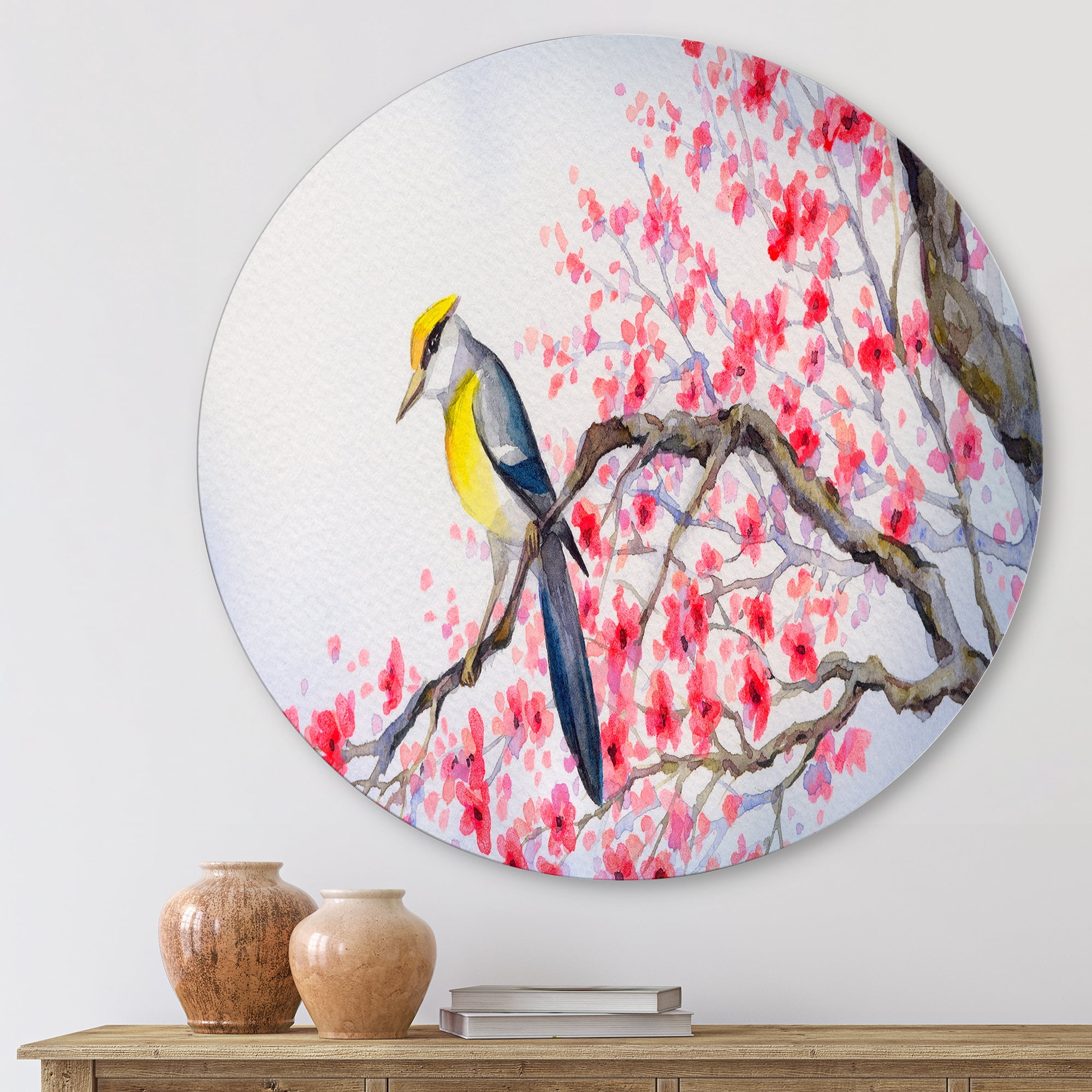 Designart 'Beautiful Red Bird Sitting On Flowering Branch II' Traditional Circle Metal Wall Art 11x11 - Disc of 11