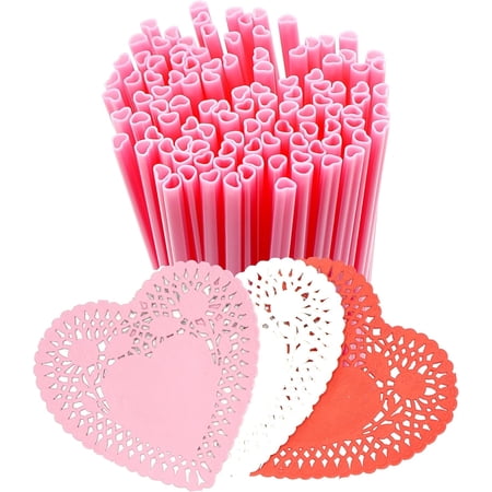 4E s Novelty 50 pack Pink Heart Shaped Straws & Doilies Individually Wrapped