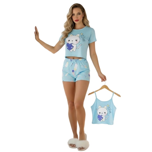 Pijama 3 Piezas Mujer Short Blusa Playera Suave Cómoda Relax
