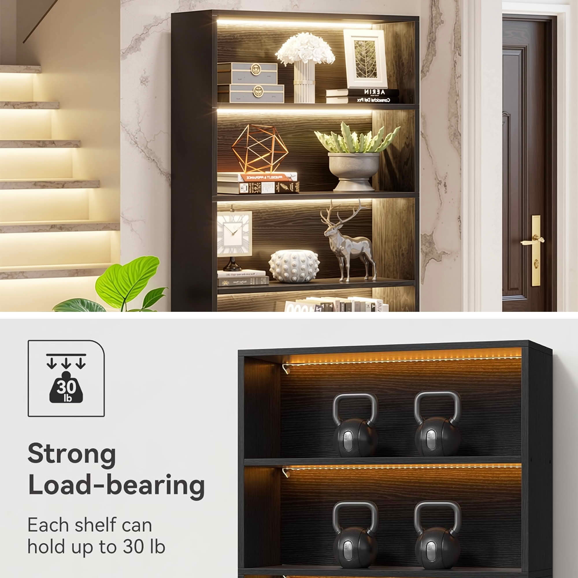MAYEERTY 70.8 Inch 5-Tier Black Tall Bookcase with APP Controlled LED Lights, Heavy Duty Particleboard Metal Frame Bookshelf Organizer with Anti-Tip Kit for Home Office Living Room