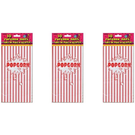 (3 Pack) Striped Paper Popcorn Party Bags, 10 x 5.25 in, Red & White,