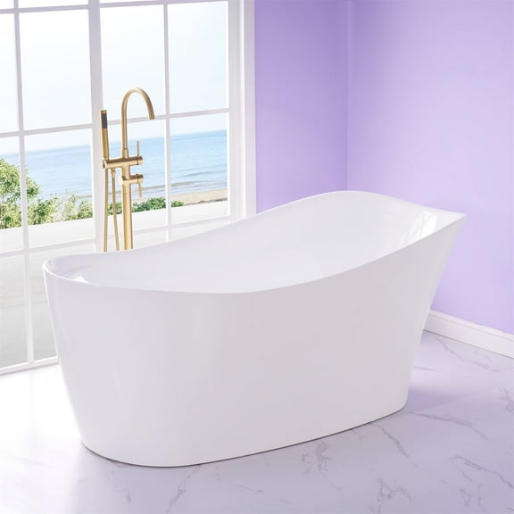 ANGELES HOME 69" Acrylic Freestanding Bathtub, Soaking White Bathtub with White Drain and Integrated Slotted Overflow Included, 71 Gallons, Glossy White