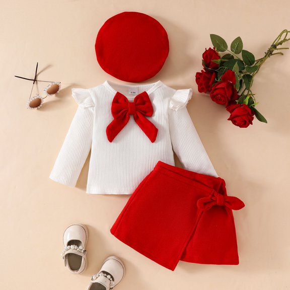 PInxai Fall Girls Cute Clothes Sets Ruffle Hem Bow Long Sleeve Cute Tops Elastic Waisted Fashion Skirts and Cap 3 Piece Outfits,Red,90