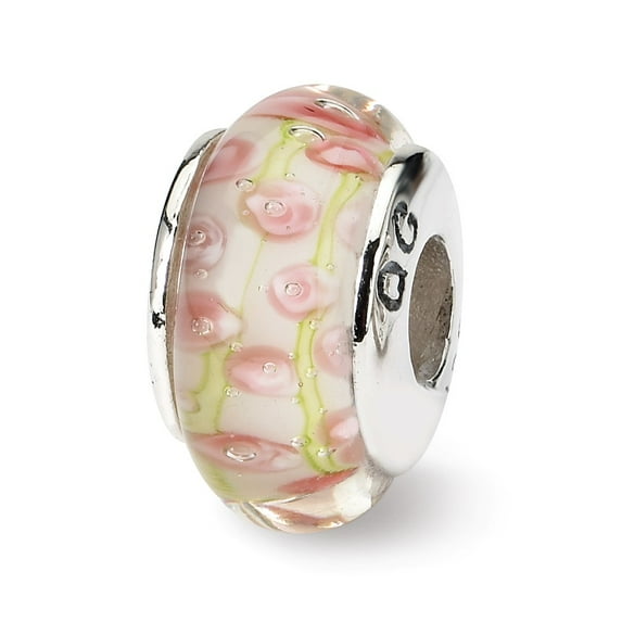 Fancy Bead White Sterling Silver Glass 13.64 mm 7.27 Reflections Pink Green Hand-Blown Bead
