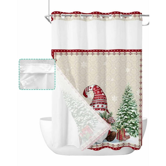 No Hook Shower Curtain with Snap in Liner, Christmas Snowflake Short Candy Socks Hotel Shower Curtains for Bathroom, Washable Shower Curtain Liner Set with Mesh Top Window, 48"x72"