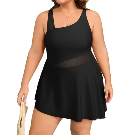 Asoul Plus Size One Piece Swimsuit Swim Dress Mesh Cutout Skirt Bathing Suits Women Side Split Modest Swim Suits