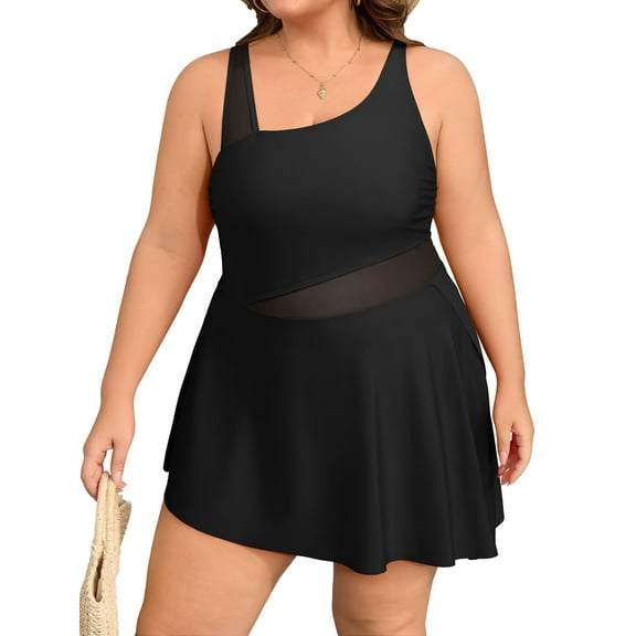 Asoul Plus Size One Piece Swimsuit Swim Dress Mesh Cutout Skirt Bathing Suits Women Side Split Modest Swim Suits