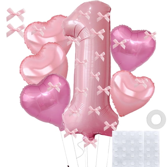6 Pieces Pink Bow1 Balloons Set, KKS1 32 inch Number 1 Foil with 5Pcs Heart Self Inflating Balloons For Girl First Birthday Party Supplies Anniversary Decorations (Pink)