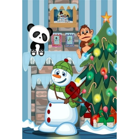 Image of MOHome 5x7ft Cartoon Christmas Tree Photography Background Snowman Backdrops Panda Monkey Xmas Decor Fireplace Kid Baby Child Artistic Portrait New Year Photoshoot Studio Props Video Drape