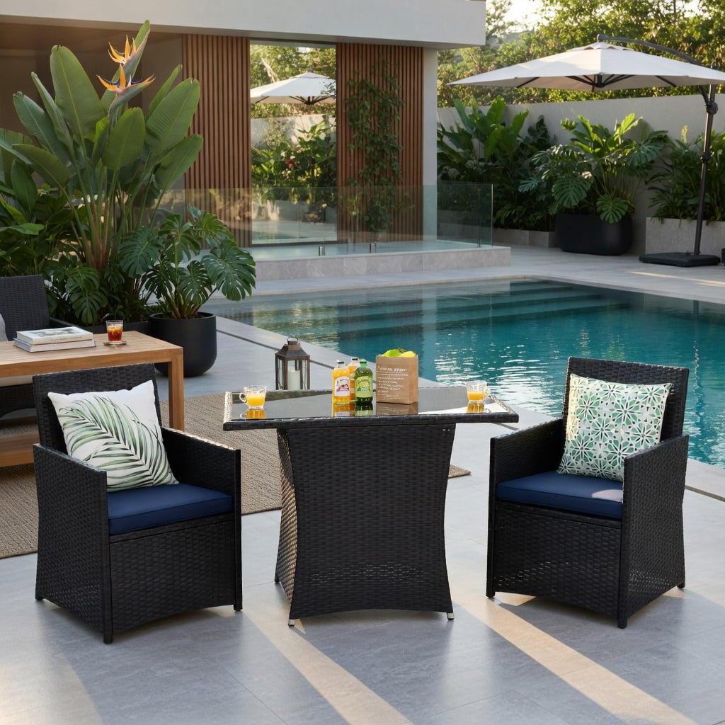 Hommoo 3-Piece Outdoor Rattan Patio Furniture Set, Steel Frame, Tempered Glass Table, Ergonomic Armchairs with Removable Cushions, Navy
