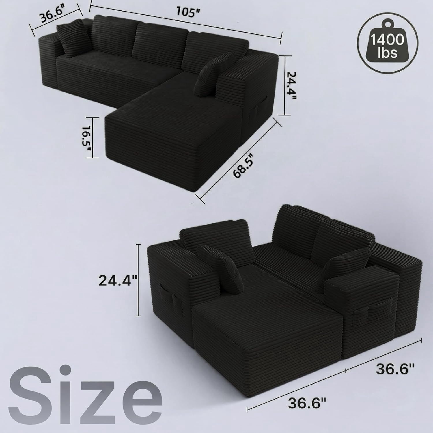 Cloud Couch, Lofka 105" Cloud Modular Sectional Sofa, Corduroy L-Shape Couch with Chaise, Deep Seat Boneless Floor Sofa for Living Room, Black