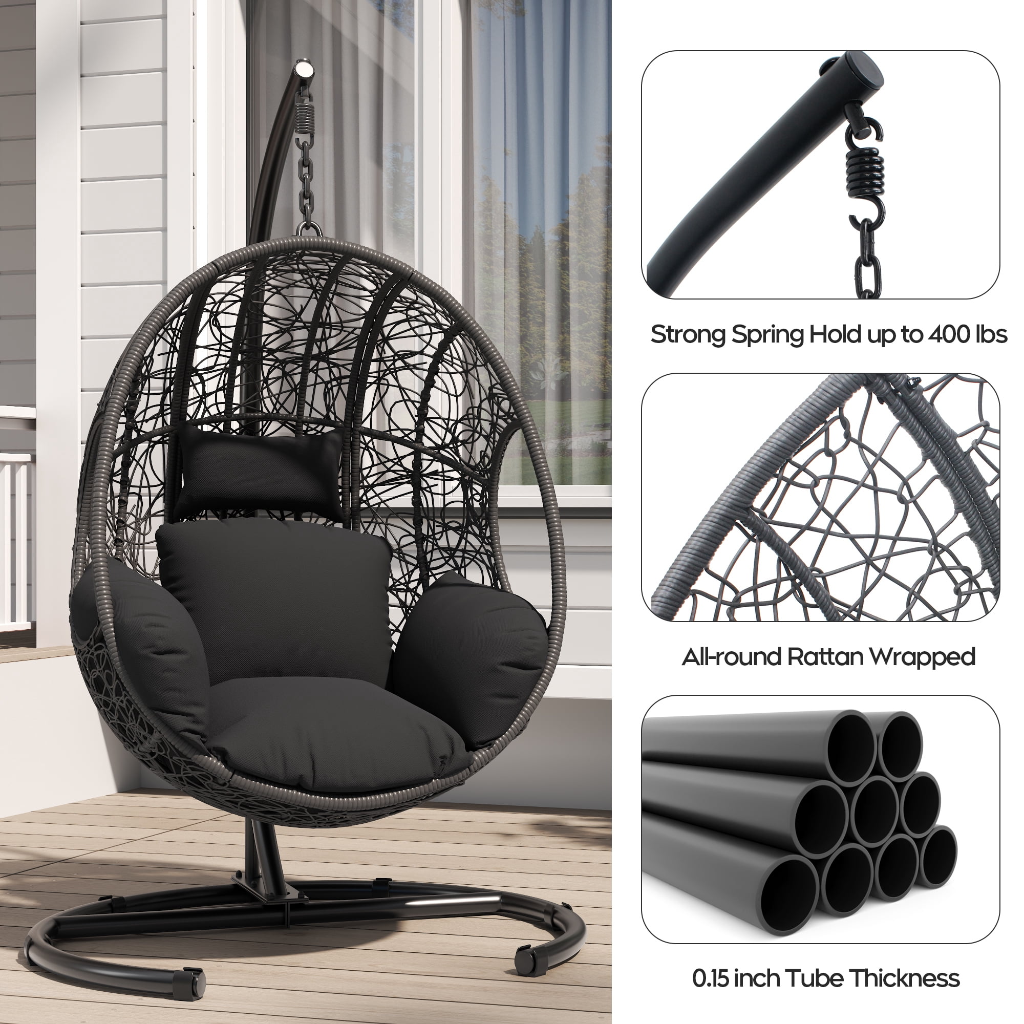 avobird 42" Wide U-Base Hanging Egg Chair, Patio Swing with 8-Inch Cushion Weatherproof PE Rattan & Waterproof Cover, Suitable for use in outdoor gardens and on balconies, Gray