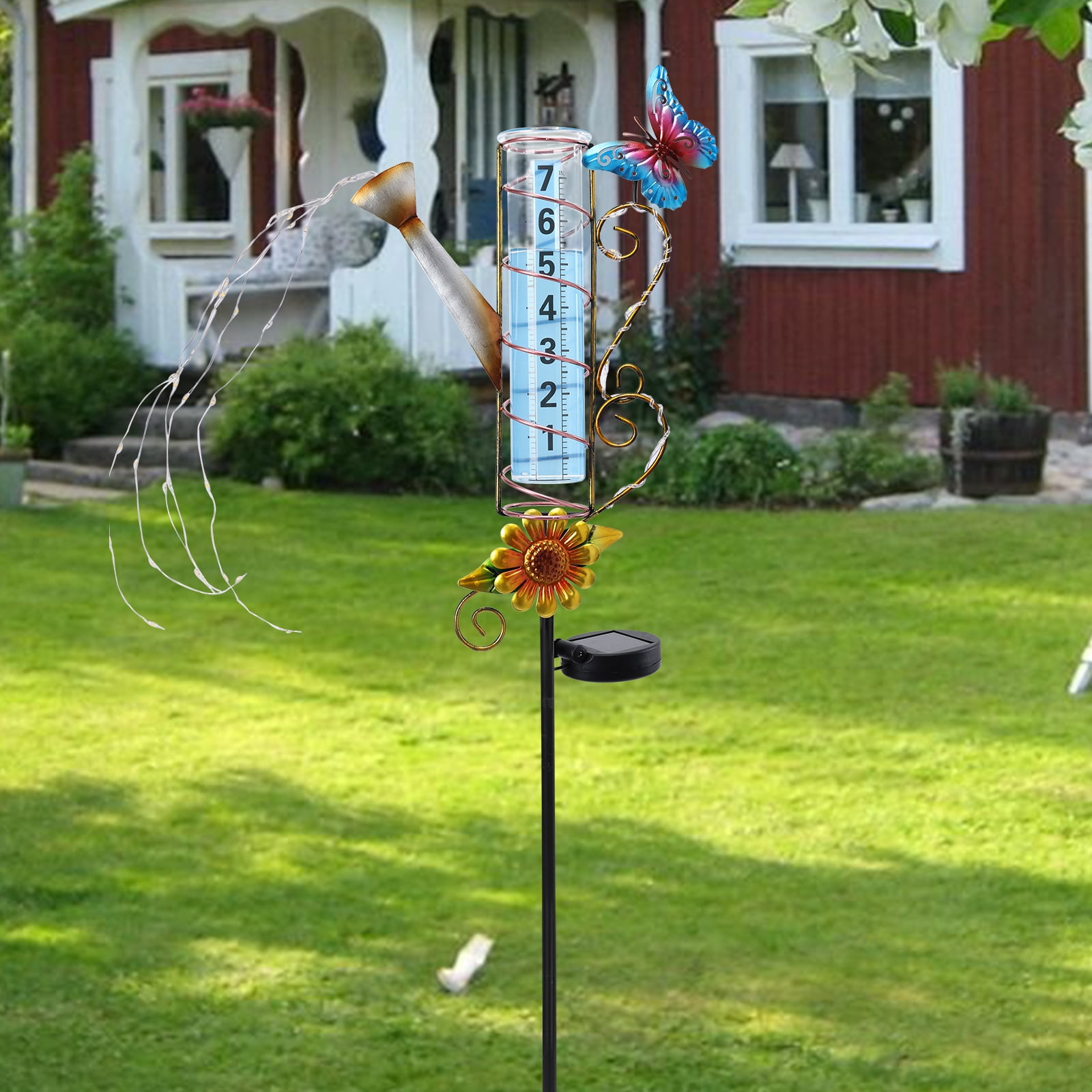 Outdoor Rain Gauge,Watering Can & Sunflower Solar Rain Gauge,LED String Lights, Metal Garden Stake for Patio, Lawn & Outdoor Decor