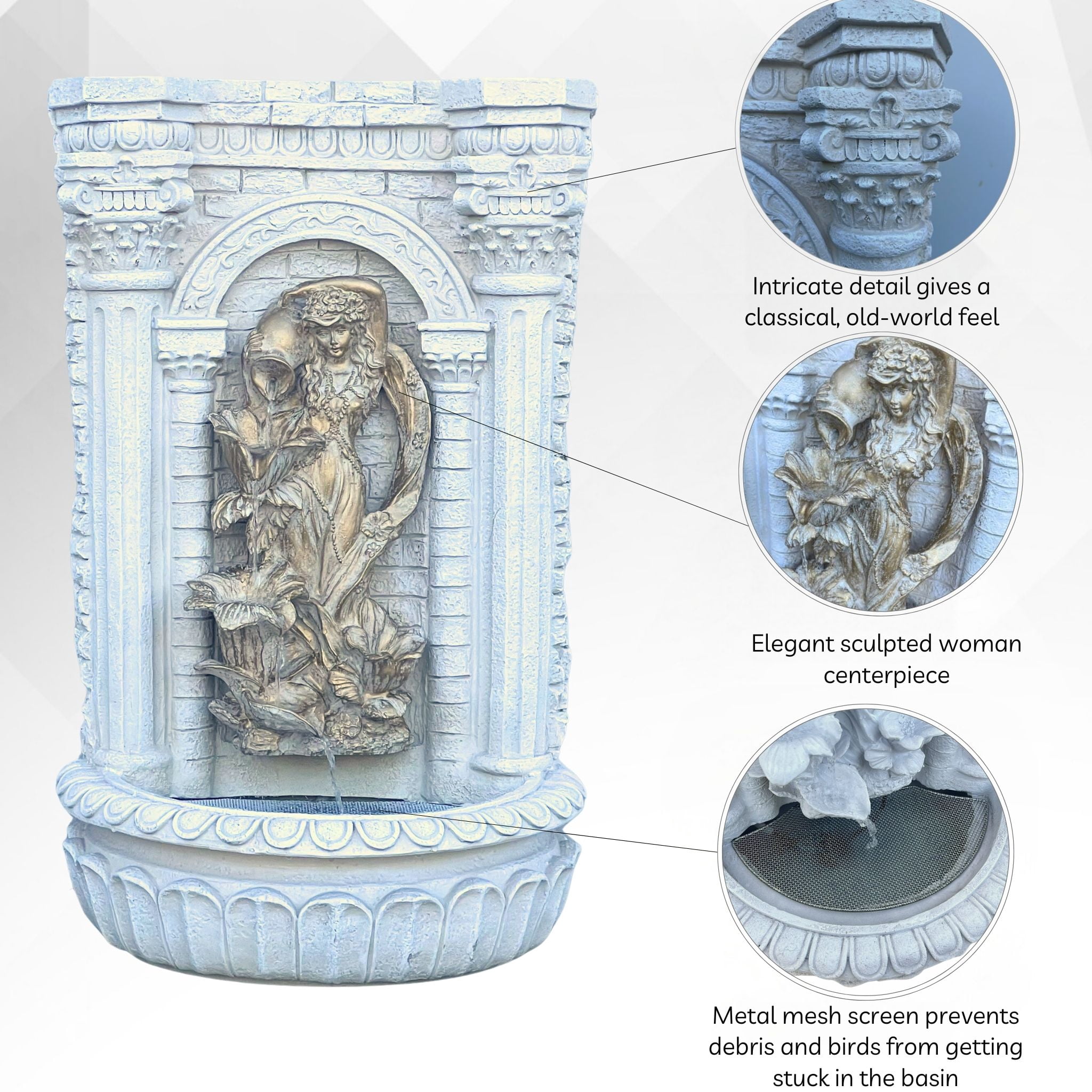 XBrand 30.3" Solar-Powered Wall Fountain with Gold Flower Maiden Statue, Antique Stone Waterfall Design for Garden, Yard Décor & Bird Bath, Polyresin
