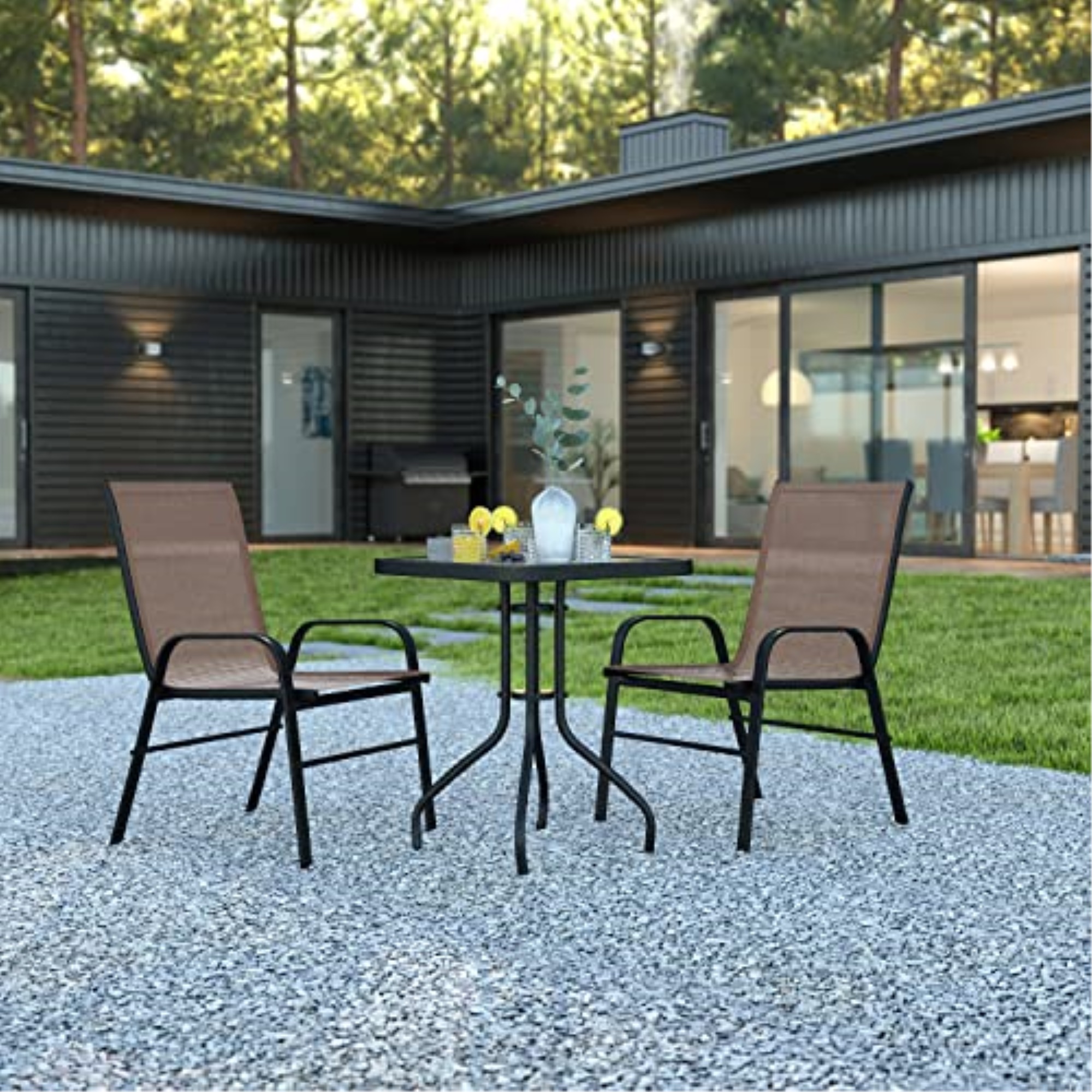 Flash Furniture Brazos Series 3-Piece Steel Glass Patio Table and Chair Set, Brown - image 2 of 11