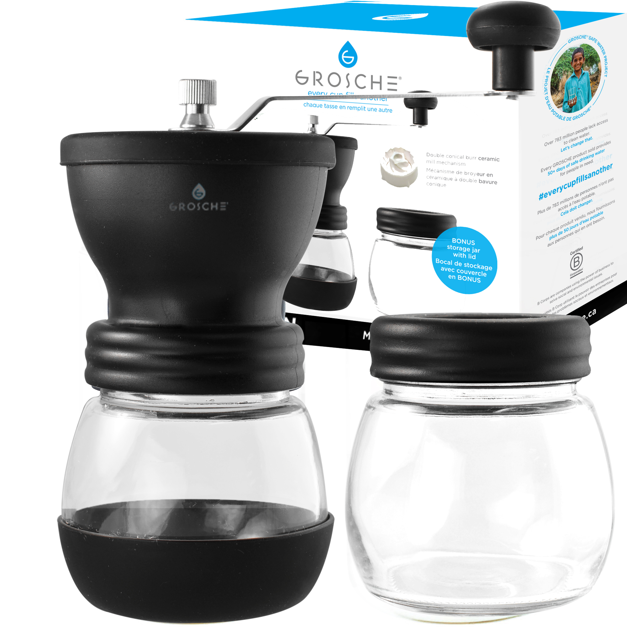GROSCHE Bremen Manual Coffee Grinder, twin Conical burr grinder , with Coffee storage jar and lid. Manual coffee mill burr grinder for coffee, 3.5 oz coffee jar. Portable hand coffee grinder