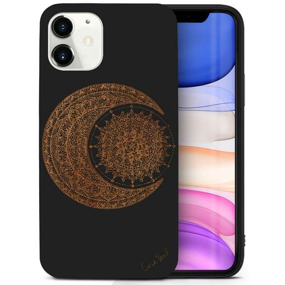 Case Yard Wooden Case for iPhone-12-Mini Soft TPU Silicone cover Slim Fit Shockproof Wood Protective Phone Cover for Girls Boys Men and Women Supports Wireless Charging Moon with Sun Design