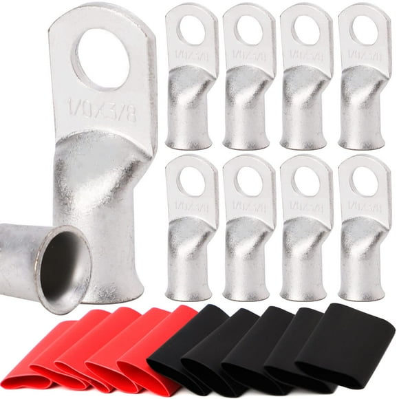 TKDMR 10 Pcs 10 Crampons en Fil de Cuivre de Qualité Marine, avec Tuyauterie Rétractable à la Chaleur 3:1, Embouts de Câble de Batterie UL, Crampons de Câble Robustes, Illets en Cuivre Teintés, Bornes Tubulaires