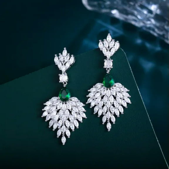 Green CZ Stone Long Feather Dangle Drop Earrings for Women Wedding Party Jewelry