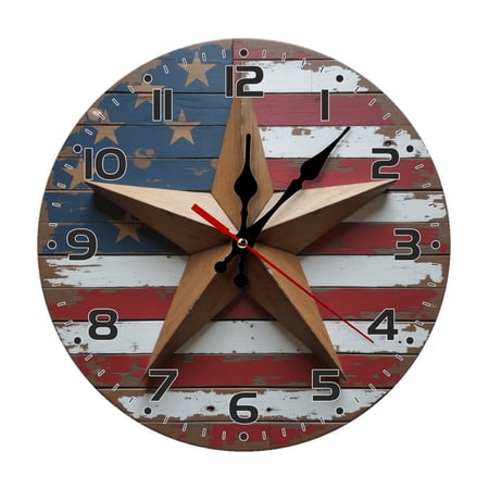 American Flag Wooden Star Wall Clock 10 Inch Silent Non Ticking Round Clock Decoration for Living Room Kitchen Bedroom Bathroom Office Classroom