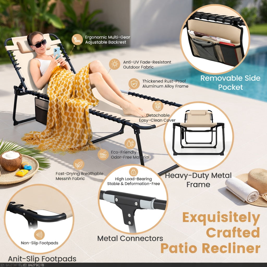 Hommoo 4-Position Adjustable Folding Lounge Chair, Chaise with Removable Headrest, Heavy-Duty Steel Frame, Perfect for Poolside, Backyard & Camping, Beige