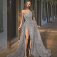 thumbnail image 5 of Quixlent Women Evening Dress One Shoulder Floor Length High Split Tight Waist A-line Sequin Slant Neck Sleeveless Cocktail Party Celebrity Ball Gown, 5 of 7