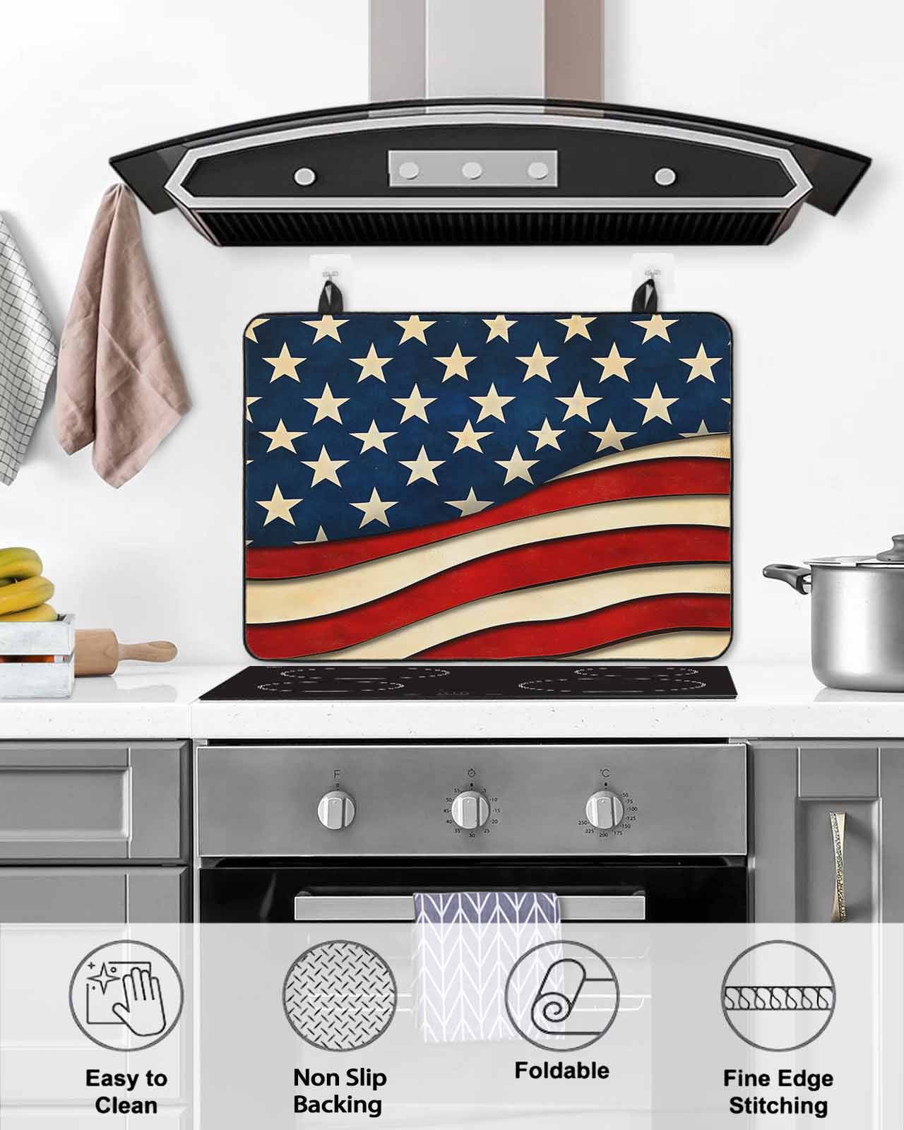 nqOlkjepod Large Induction Cooktop Protector Mat 36"x21", Vintage American Flag Stove Top Covers for Electric Stove, Red Beige Waves Decorative Stove Burner Cover Mats, Glass Top Stove Cover