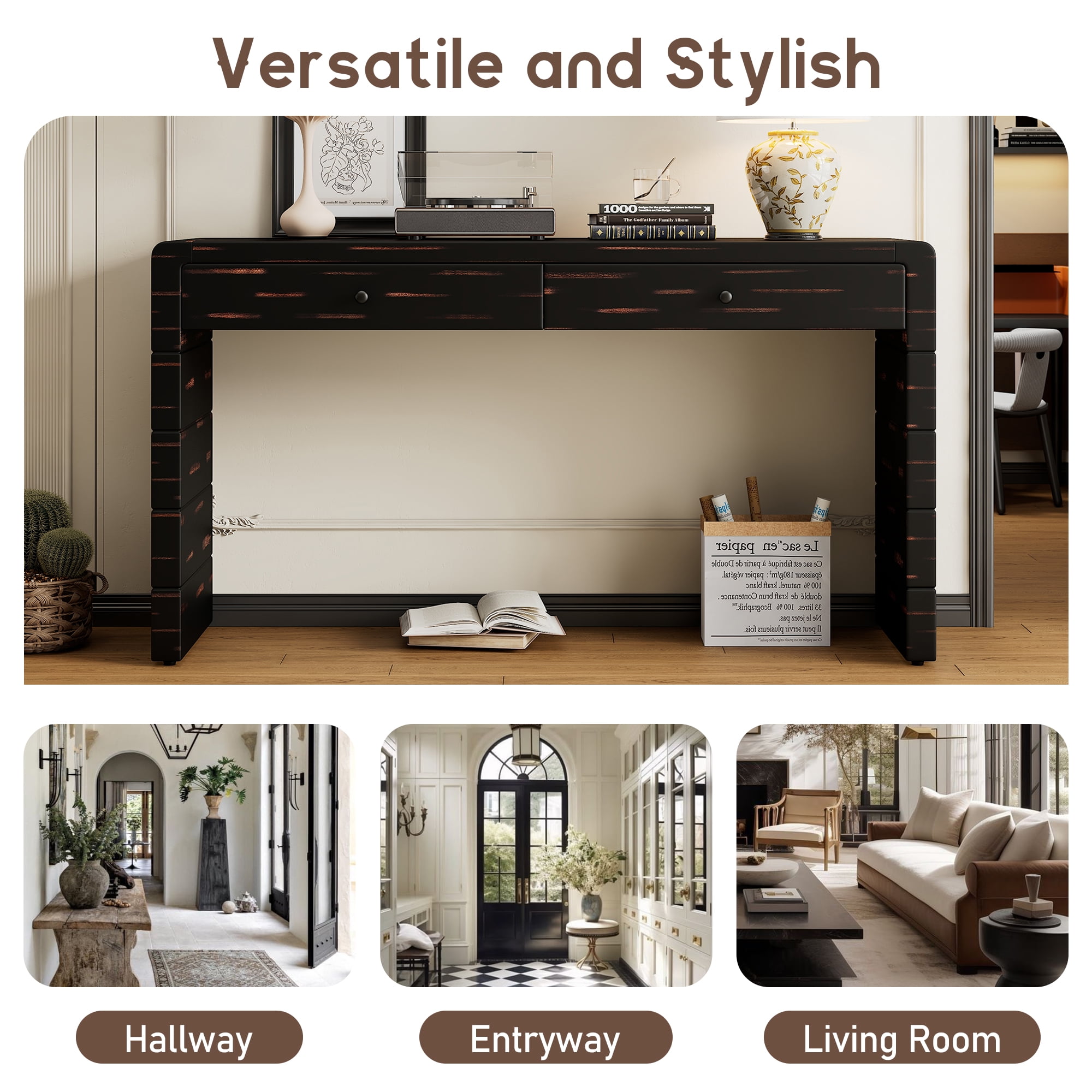EUROCO 55" Long Console Table,Curved Entryway Table with 2 Storage Drawers,Farmhouse Wood Sofa Table Behind Couch for Living Room, Entrance, Hallway,Black